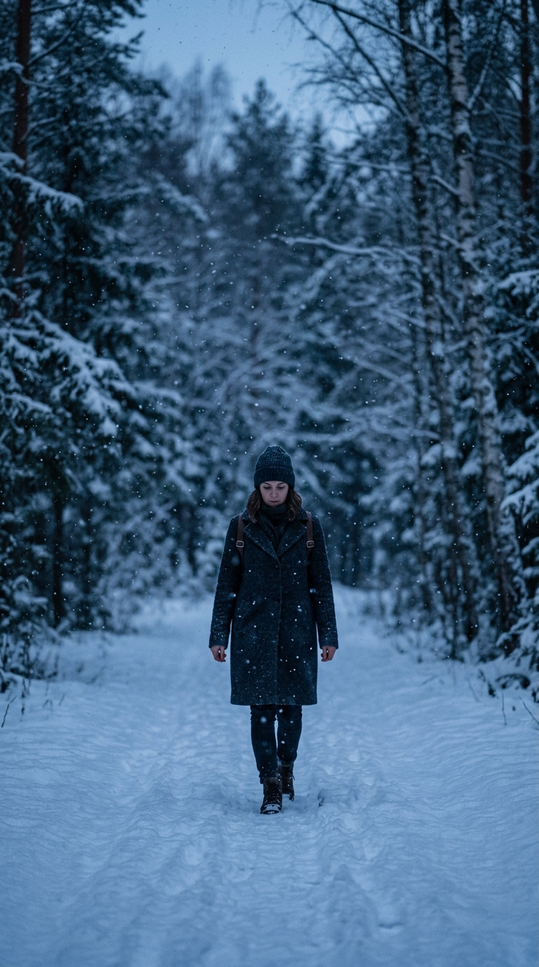 Still de filme cinematográfico de flocos de neve caindo, assunto centralizado com composição simples e sem distrações, tons de azul frio, atmosfera tranquila, proporção 9:16