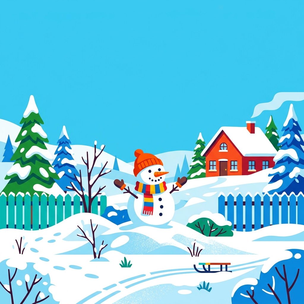 Minimal flat illustration of snowman in a snowy yard, wide shot with open space at the top for text, vivid colors, high contrast, energetic, 1:1 aspect ratio