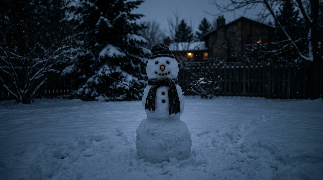 Photorealistic photo of snowman in a snowy yard, centered subject with a simple uncluttered composition, moody dark tones, dramatic lighting, 16:9 aspect ratio