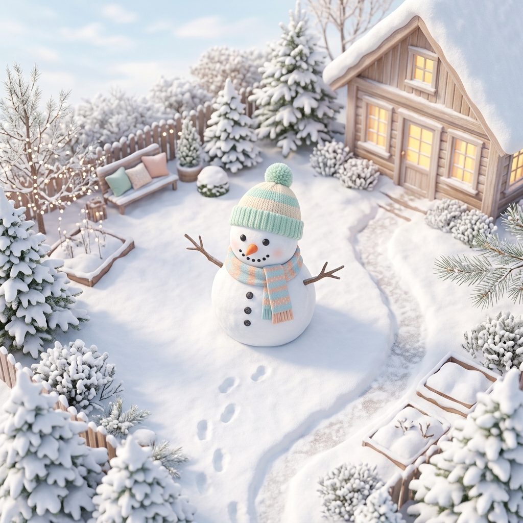Soft 3d render of snowman in a snowy yard, high-angle view from above, soft pastel colors, bright and cozy, 1:1 aspect ratio