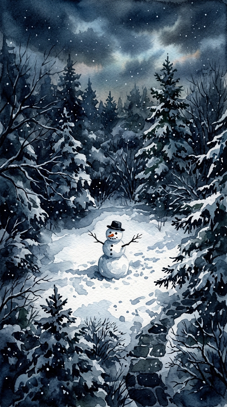 Watercolor illustration of snowman in a snowy yard, high-angle view from above, moody dark tones, dramatic lighting, 9:16 aspect ratio