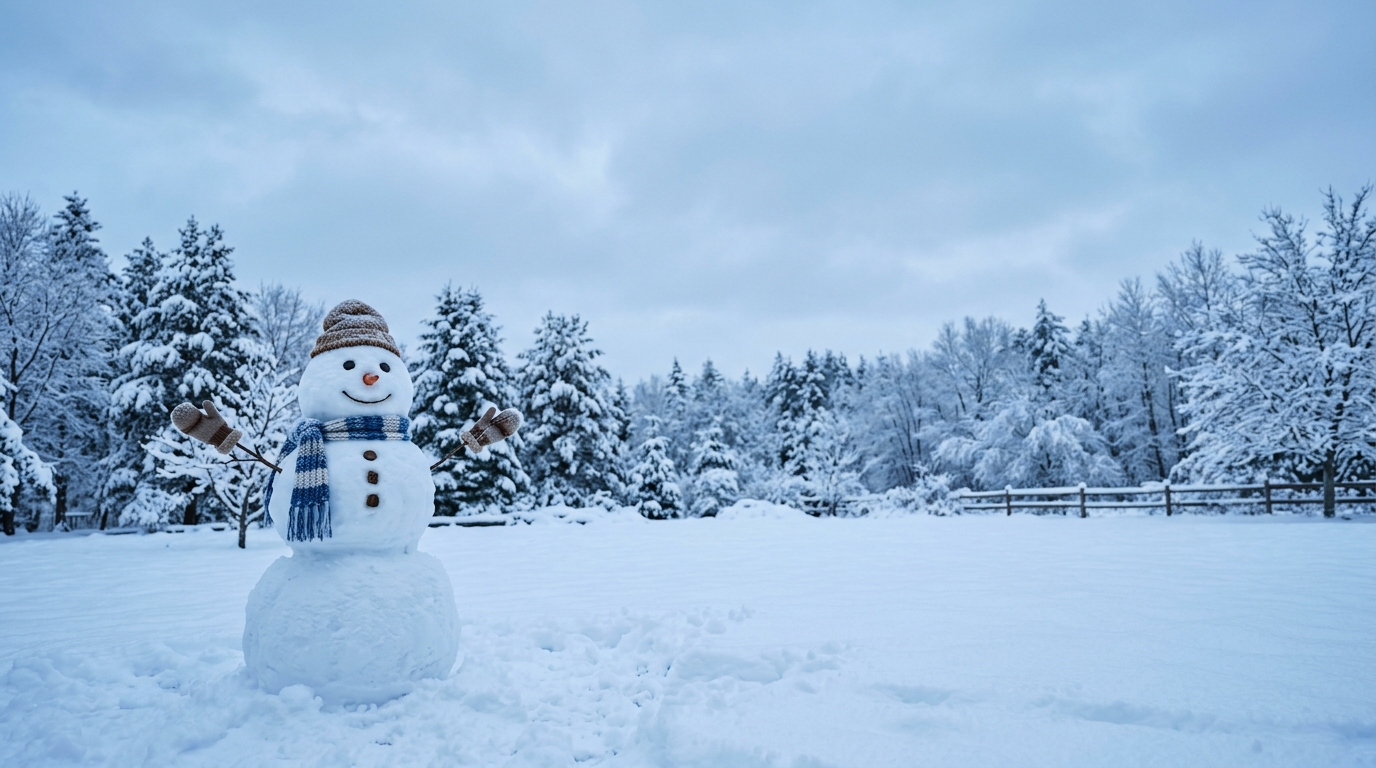 Photorealistic photo of snowman in a snowy yard, wide shot with open space at the top for text, cool blue tones, quiet atmosphere, 16:9 aspect ratio