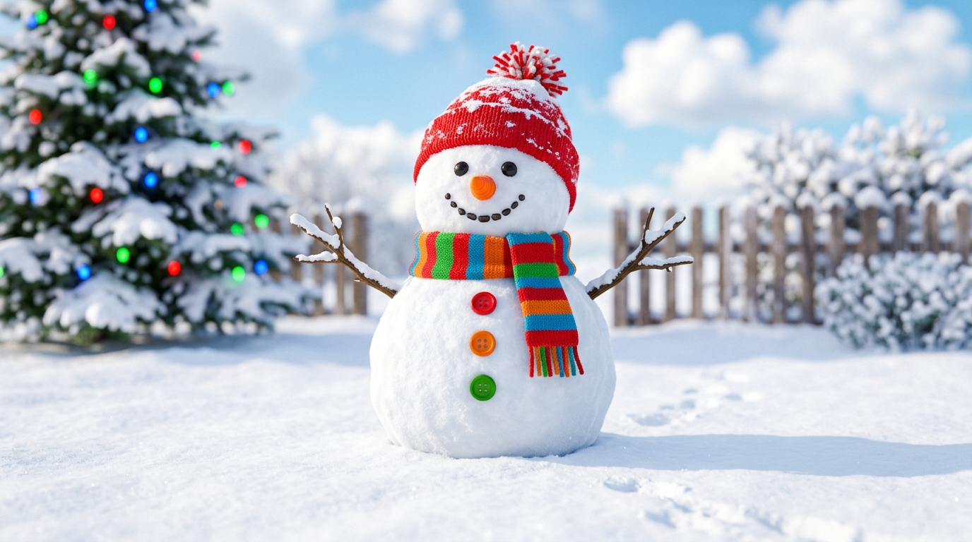 Soft 3d render of snowman in a snowy yard, centered subject with a simple uncluttered composition, vivid colors, high contrast, energetic, 16:9 aspect ratio