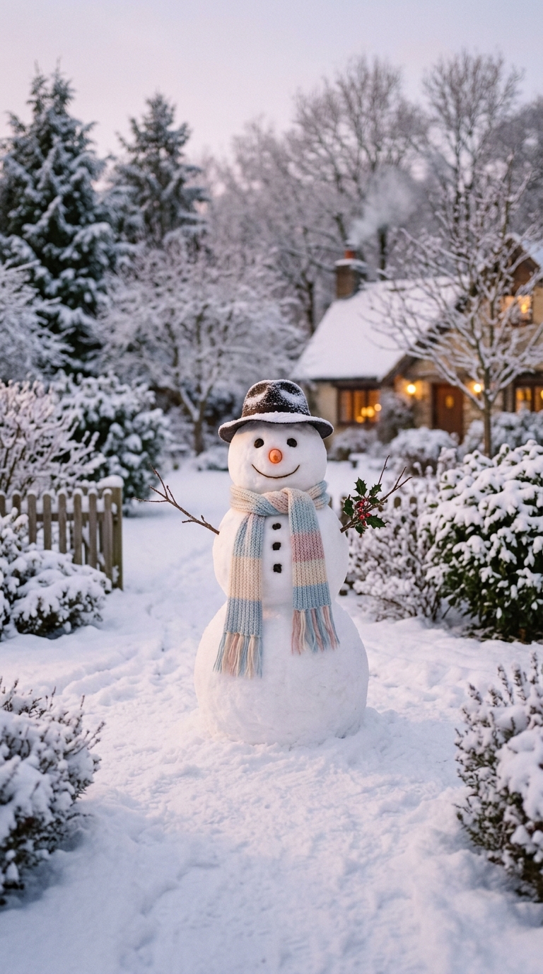 Cinematic film still of snowman in a snowy yard, centered subject with a simple uncluttered composition, soft pastel colors, bright and cozy, 9:16 aspect ratio