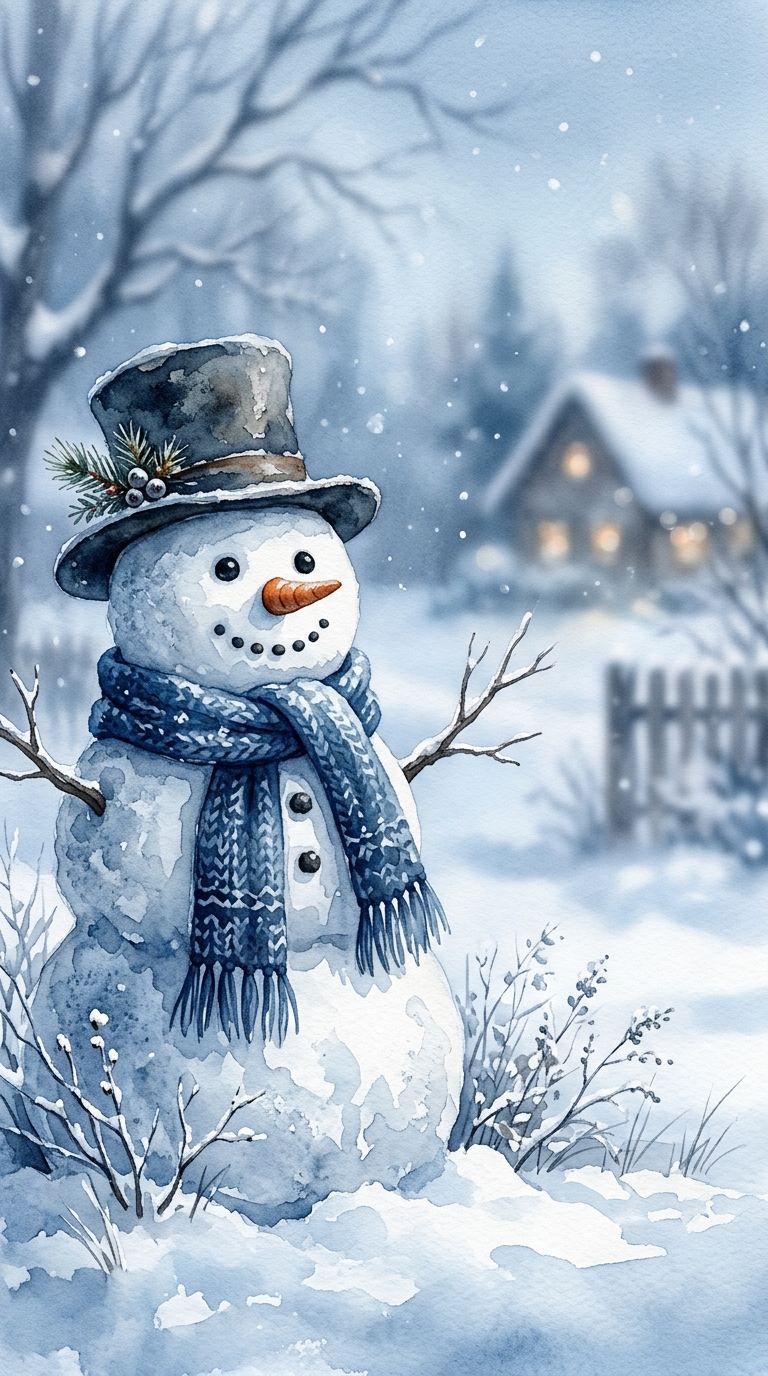 Watercolor illustration of snowman in a snowy yard, close-up detail with shallow depth of field, cool blue tones, quiet atmosphere, 9:16 aspect ratio
