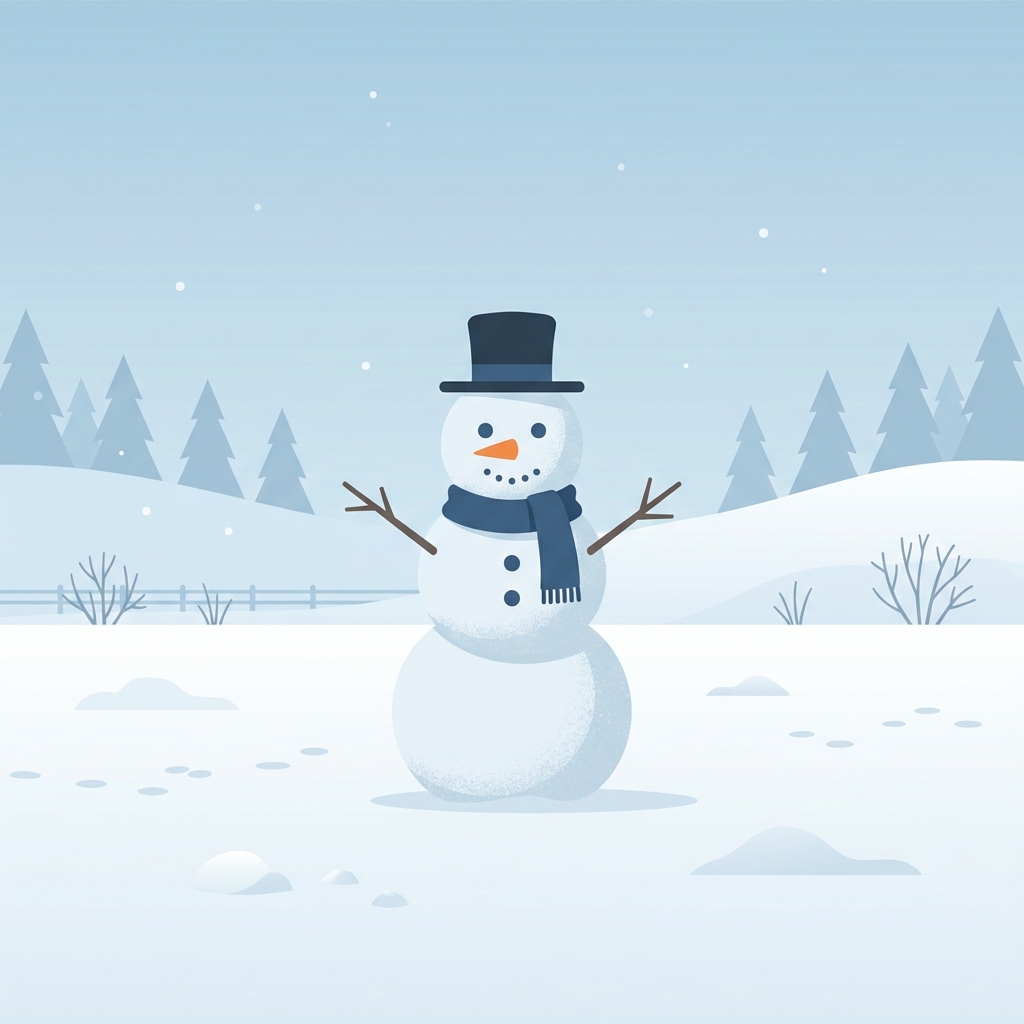 Minimal flat illustration of snowman in a snowy yard, centered subject with a simple uncluttered composition, cool blue tones, quiet atmosphere, 1:1 aspect ratio