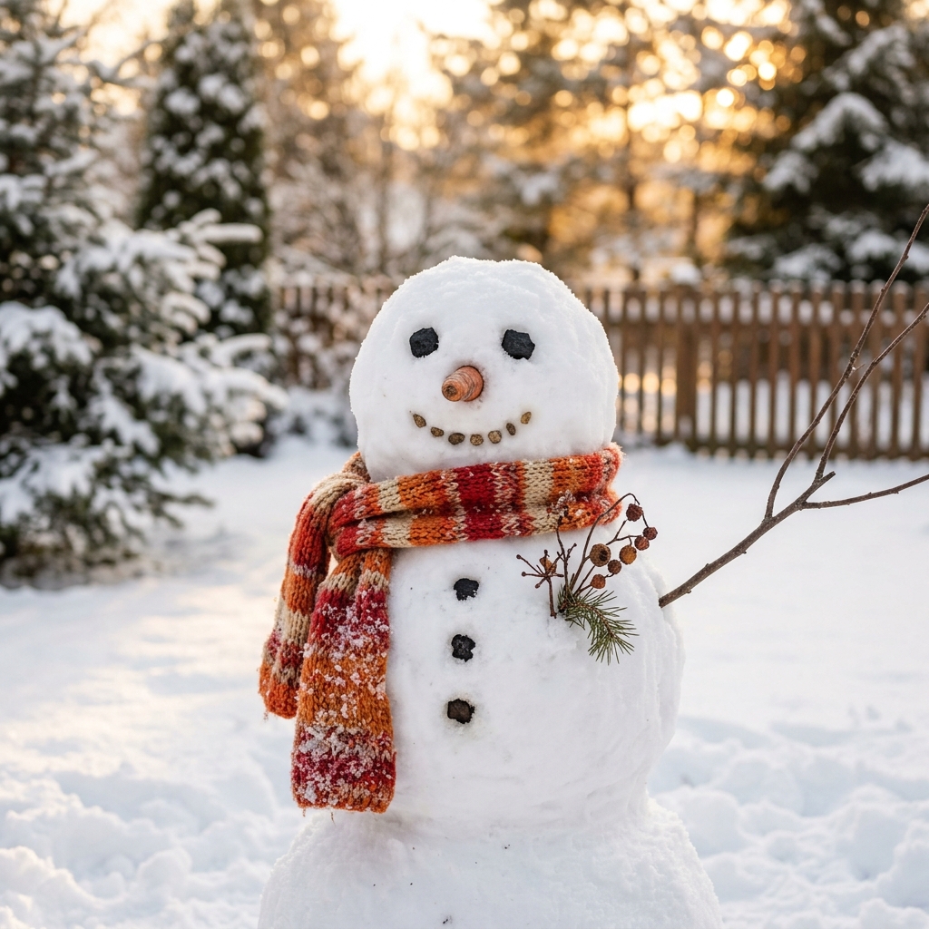 Photorealistic photo of snowman in a snowy yard, close-up detail with shallow depth of field, warm golden light, calm mood, 1:1 aspect ratio