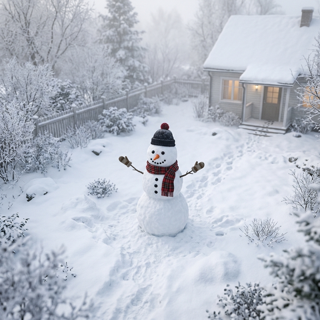 Photorealistic photo of snowman in a snowy yard, high-angle view from above, misty morning haze, dreamy, 1:1 aspect ratio
