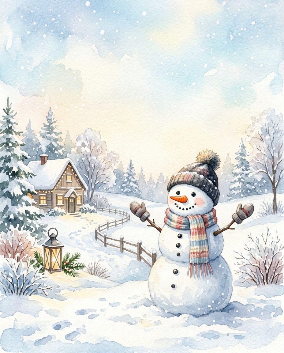 Watercolor illustration of snowman in a snowy yard, wide shot with open space at the top for text, soft pastel colors, bright and cozy, 4:5 aspect ratio