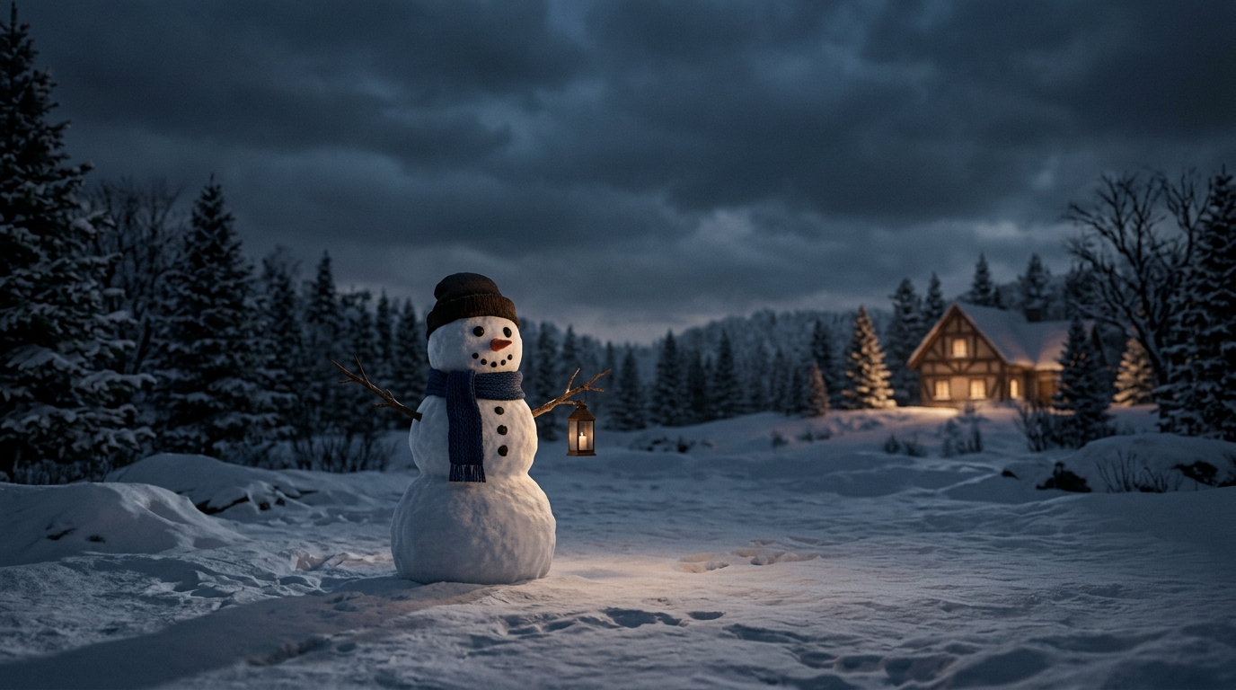 Soft 3d render of snowman in a snowy yard, wide shot with open space at the top for text, moody dark tones, dramatic lighting, 16:9 aspect ratio
