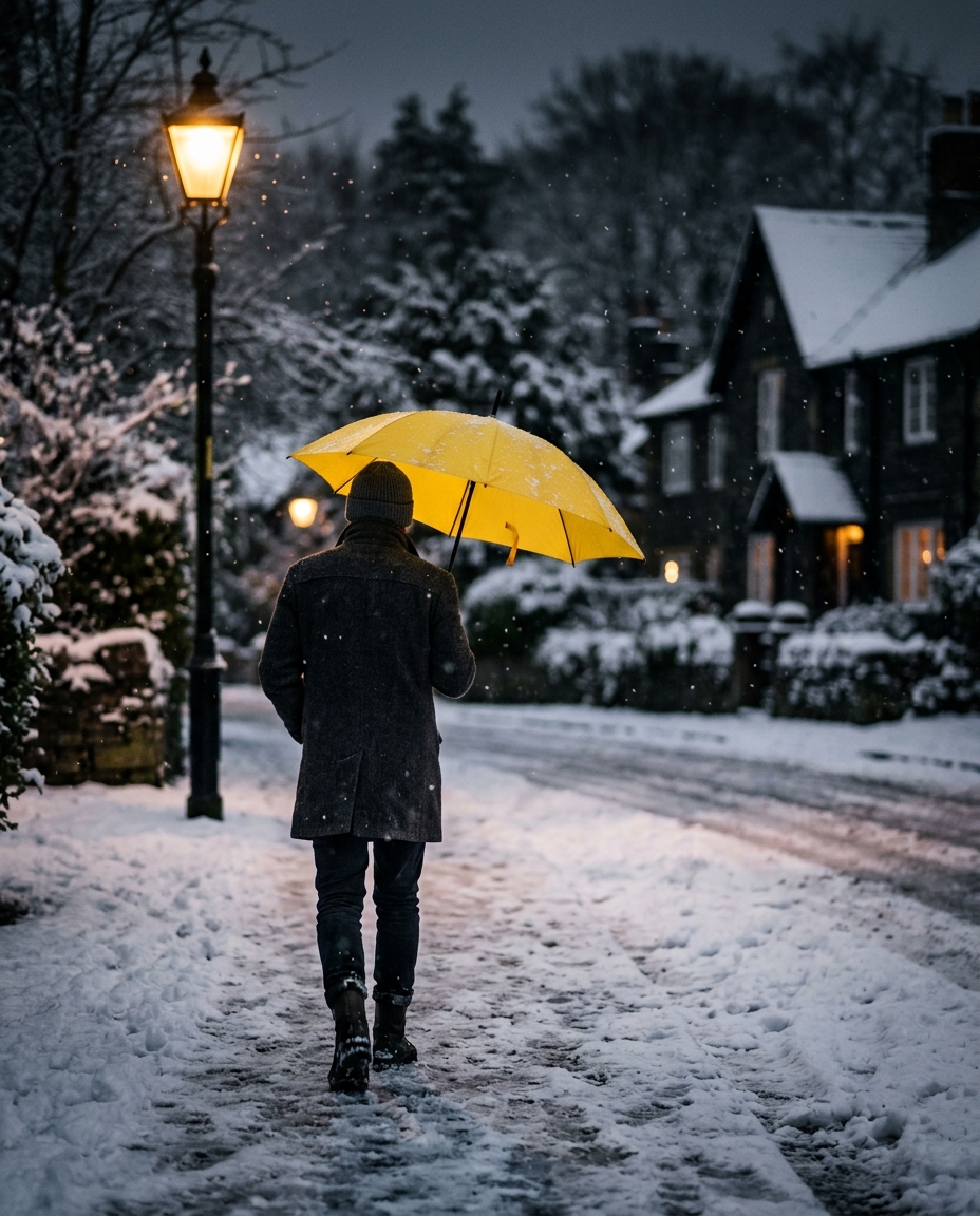 Photorealistic photo of A person walking down a peaceful snow-covered street with a yellow umbrella, close-up detail with shallow depth of field, moody dark tones, dramatic lighting, 4:5 aspect ratio