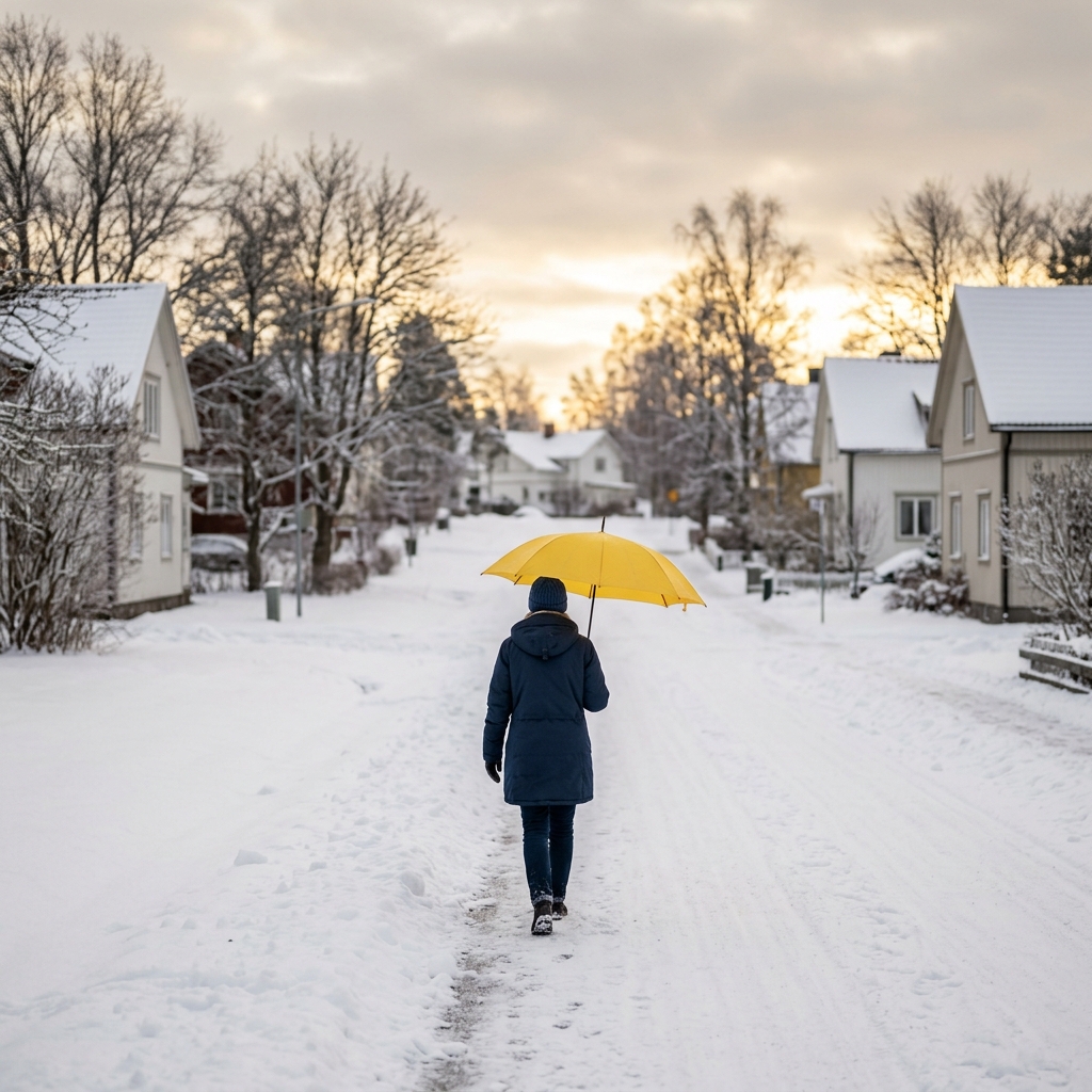 Photorealistic photo of A person walking down a peaceful snow-covered street with a yellow umbrella, centered subject with a simple uncluttered composition, warm golden light, calm mood, 1:1 aspect ratio