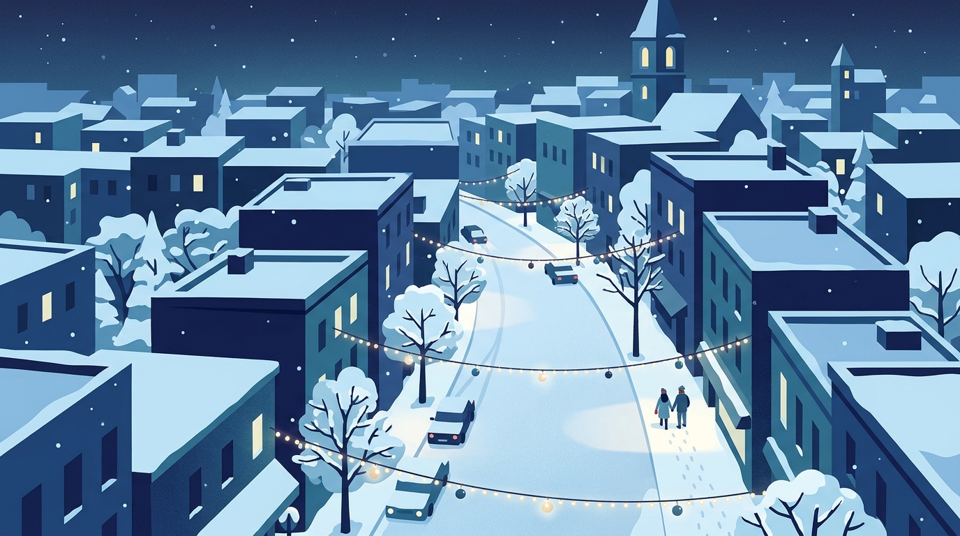 Minimal flat illustration of snowy city street with holiday lights, high-angle view from above, cool blue tones, quiet atmosphere, 16:9 aspect ratio
