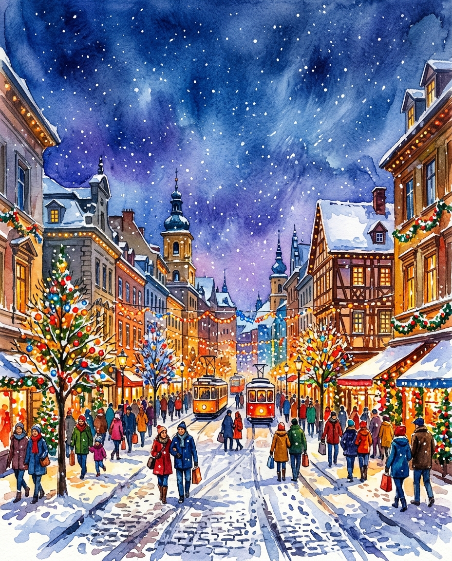 Watercolor illustration of snowy city street with holiday lights, wide shot with open space at the top for text, vivid colors, high contrast, energetic, 4:5 aspect ratio