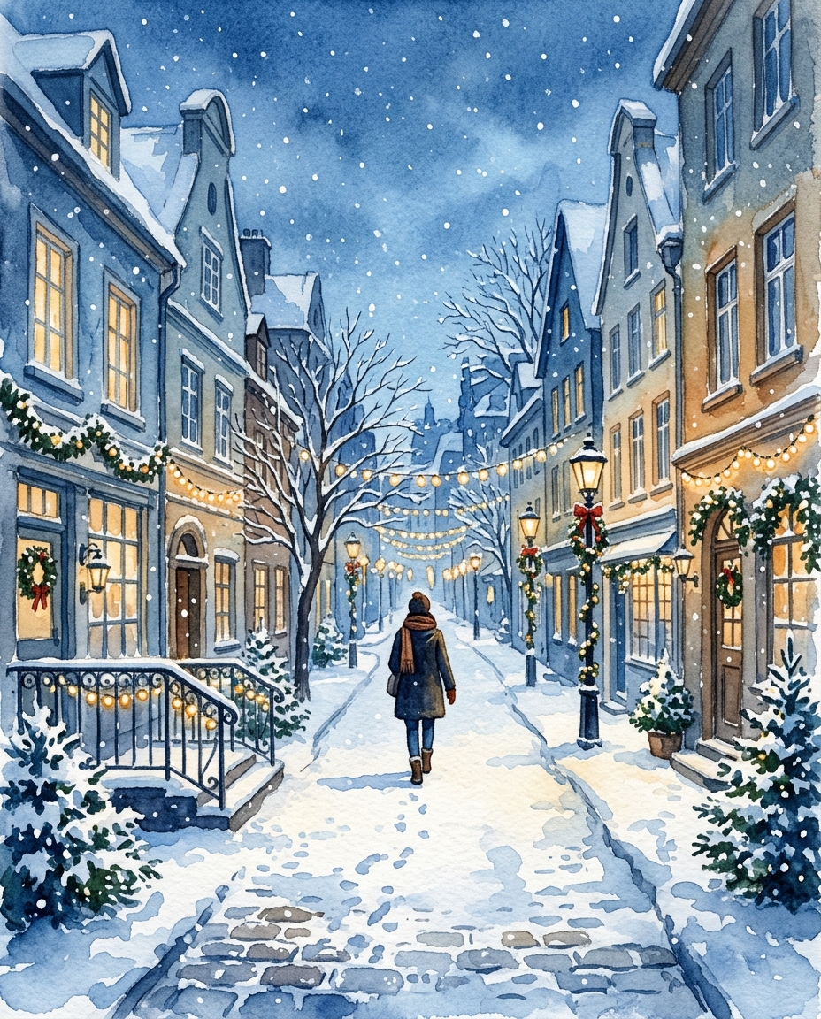 Watercolor illustration of snowy city street with holiday lights, centered subject with a simple uncluttered composition, cool blue tones, quiet atmosphere, 4:5 aspect ratio