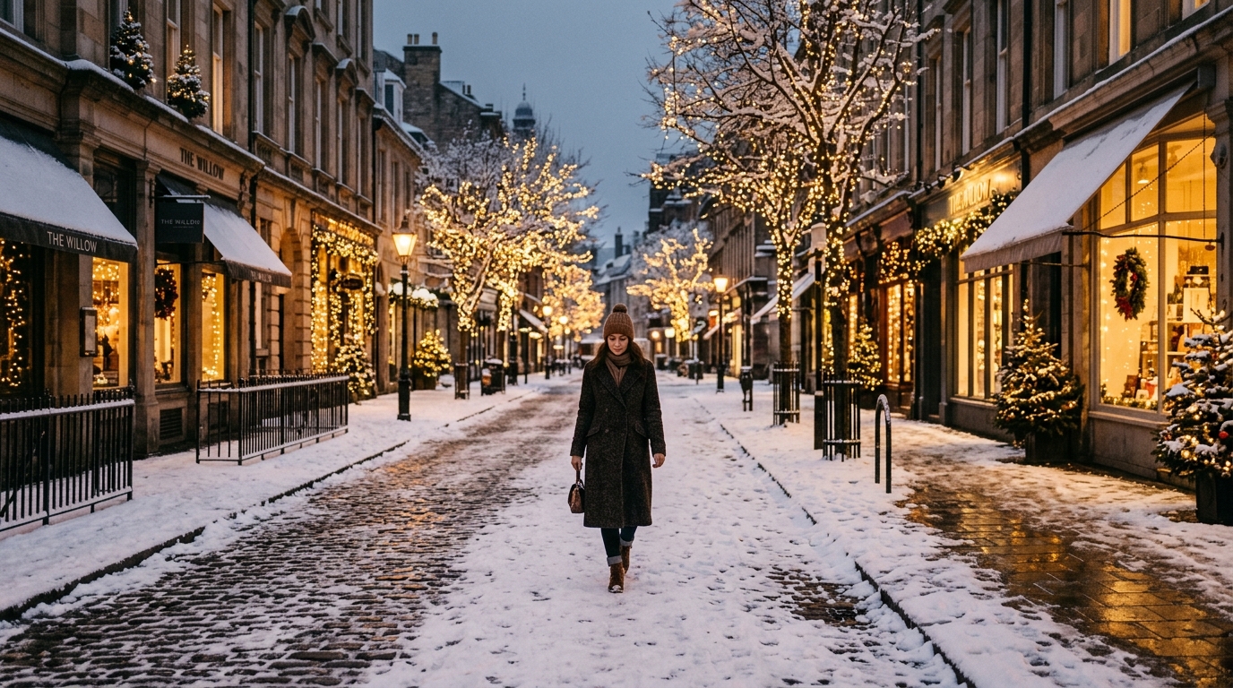 Photorealistic photo of snowy city street with holiday lights, centered subject with a simple uncluttered composition, warm golden light, calm mood, 16:9 aspect ratio