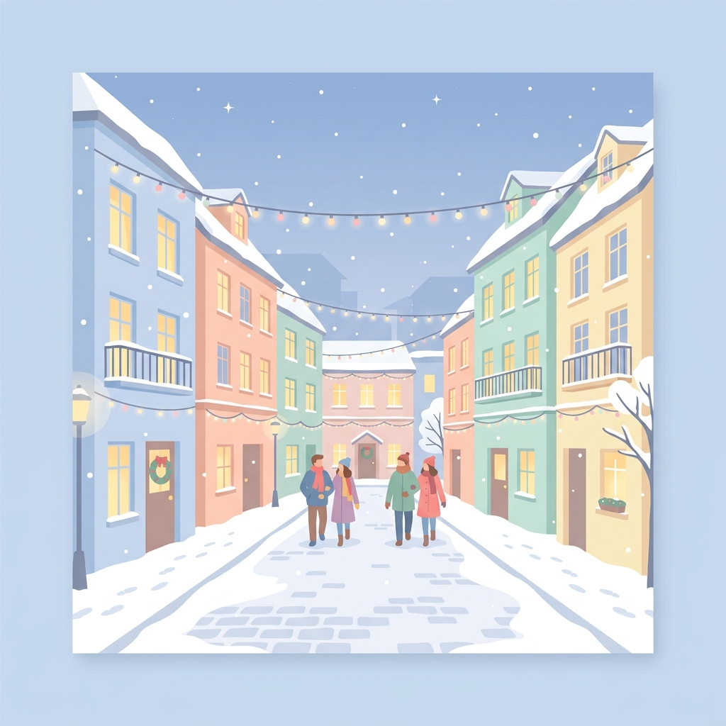 Minimal flat illustration of snowy city street with holiday lights, centered subject with a simple uncluttered composition, soft pastel colors, bright and cozy, 1:1 aspect ratio