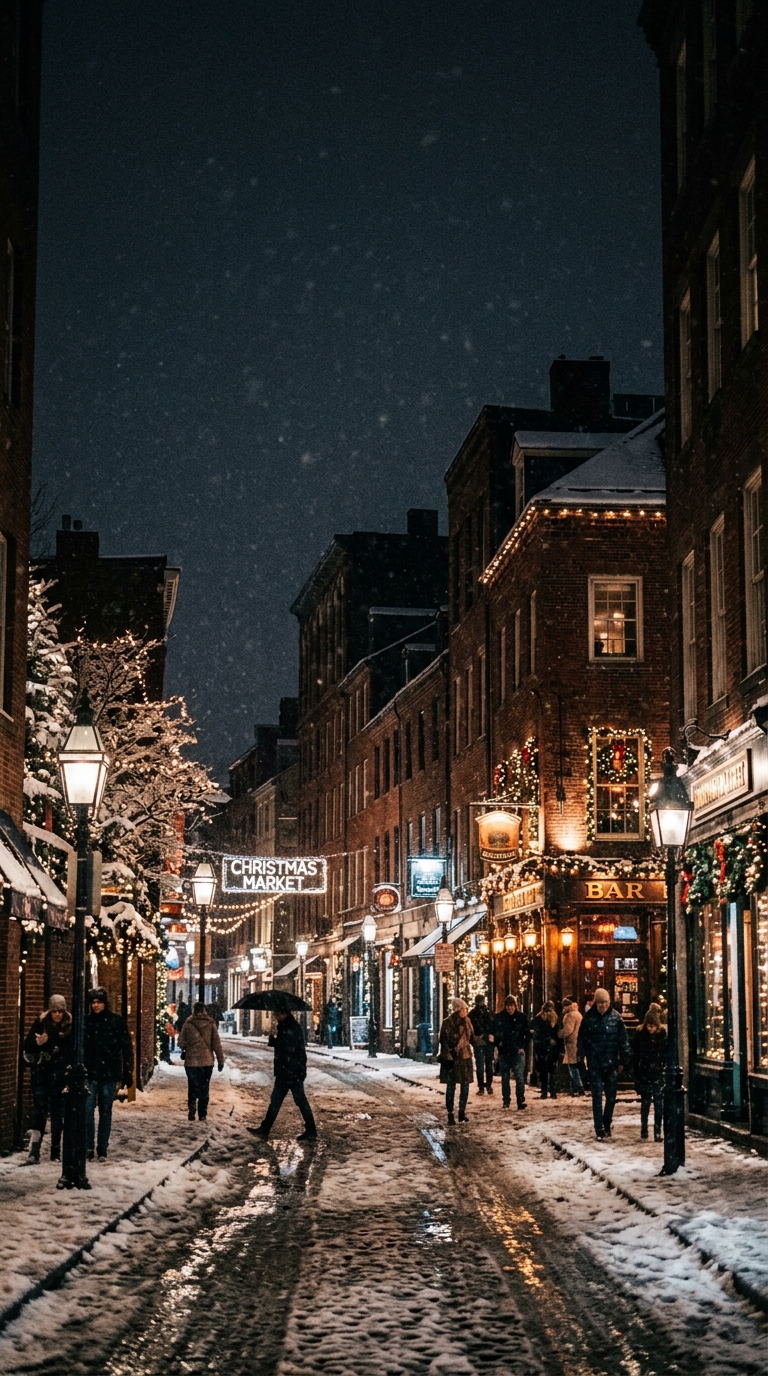 Cinematic film still of snowy city street with holiday lights, wide shot with open space at the top for text, moody dark tones, dramatic lighting, 9:16 aspect ratio
