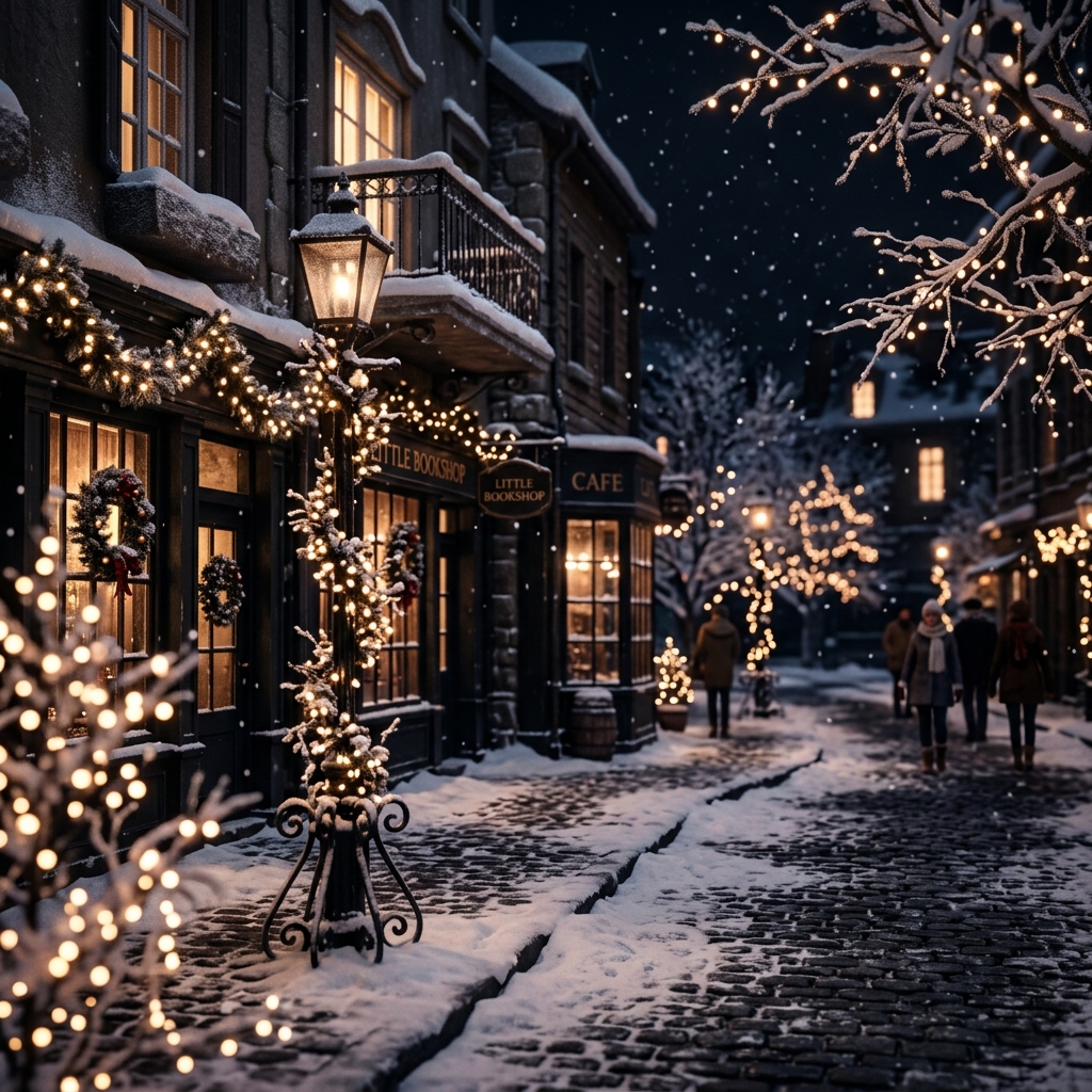 Soft 3d render of snowy city street with holiday lights, close-up detail with shallow depth of field, moody dark tones, dramatic lighting, 1:1 aspect ratio