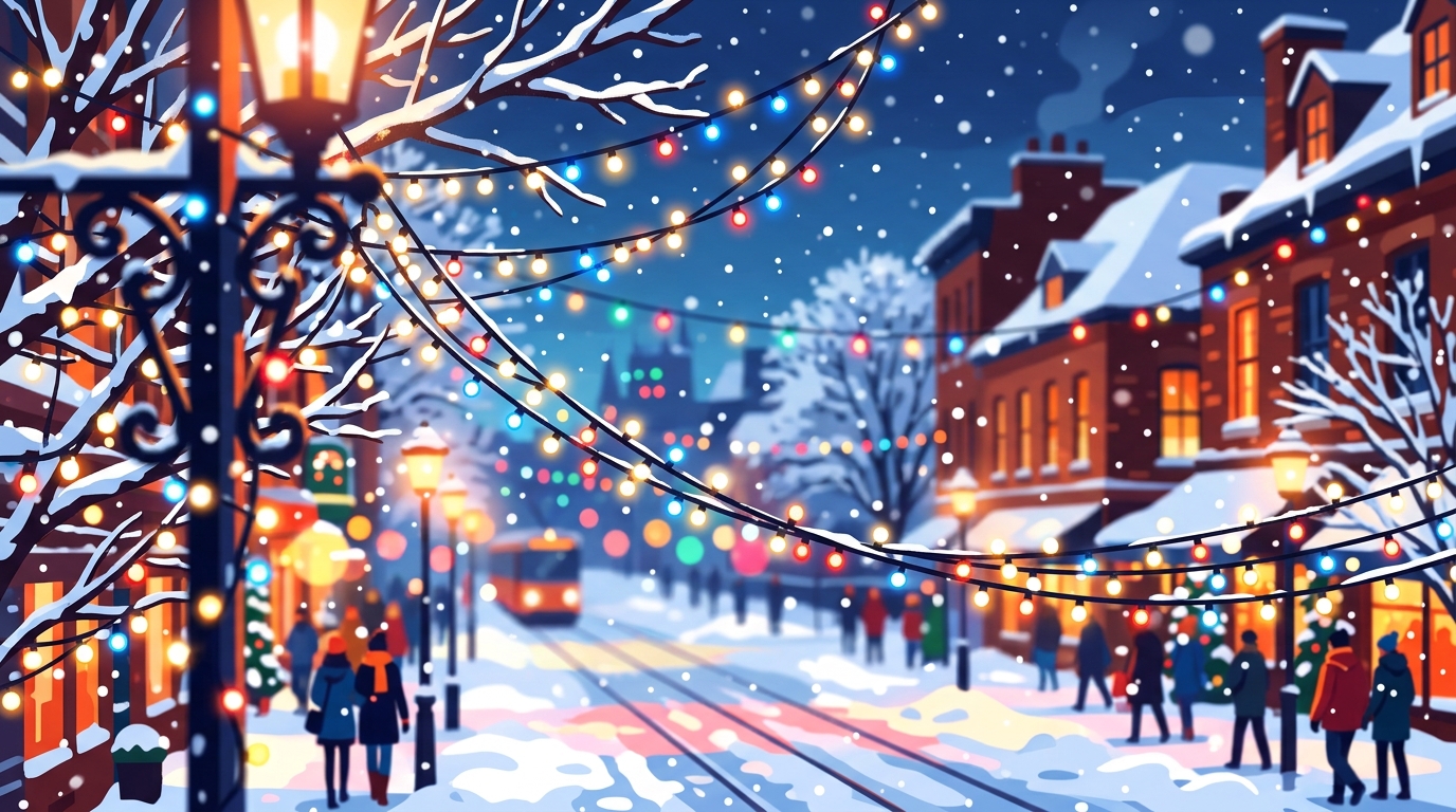 Minimal flat illustration of snowy city street with holiday lights, close-up detail with shallow depth of field, vivid colors, high contrast, energetic, 16:9 aspect ratio