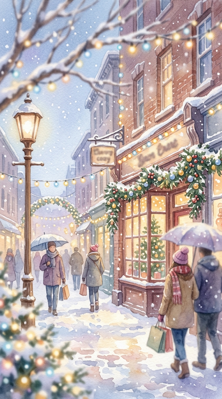 Watercolor illustration of snowy city street with holiday lights, close-up detail with shallow depth of field, soft pastel colors, bright and cozy, 9:16 aspect ratio