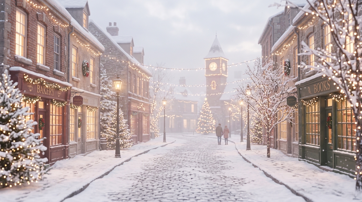 Soft 3d render of snowy city street with holiday lights, centered subject with a simple uncluttered composition, misty morning haze, dreamy, 16:9 aspect ratio
