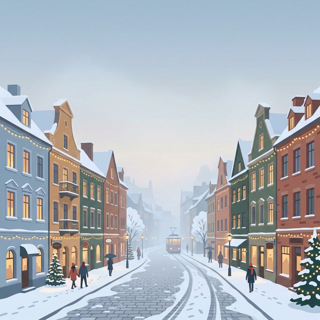 Minimal flat illustration of snowy city street with holiday lights, wide shot with open space at the top for text, misty morning haze, dreamy, 1:1 aspect ratio
