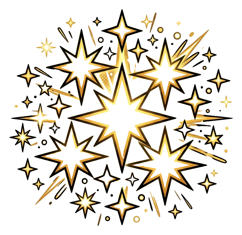 Glowing white and gold, comic style of a cluster of shining sparkle stars, transparent background PNG
