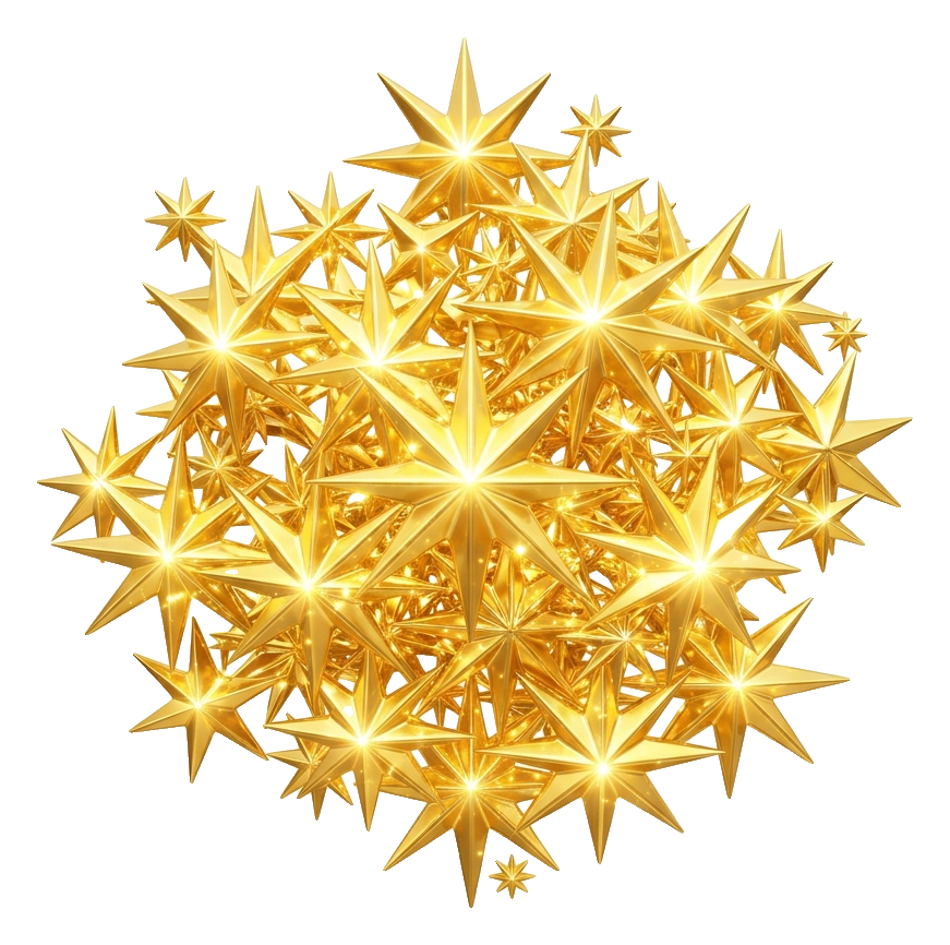 Golden 3D render of a cluster of shining sparkle stars, transparent background PNG
