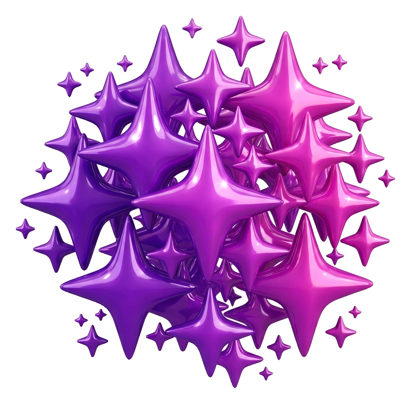 반짝이는 별 모음, 광택 3D, 보라·분홍 그라데이션, 투명 배경(누끼) PNG