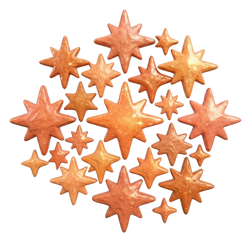 반짝이는 별 모음, 점토 3D, 따뜻한 주황 톤, 투명 배경(누끼) PNG