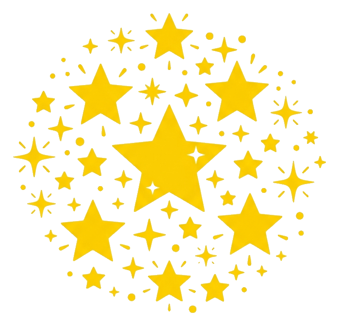 Yellow flat vector style of a cluster of shining sparkle stars, transparent background PNG