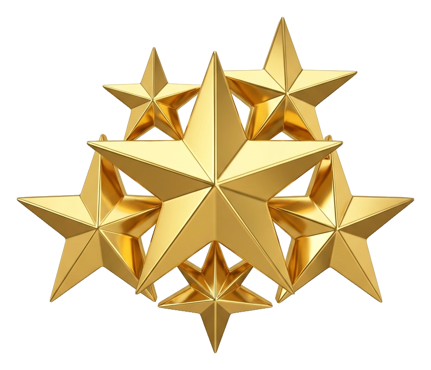 Shiny 3D render, gold metallic finish of a cluster of shining sparkle stars, transparent background PNG