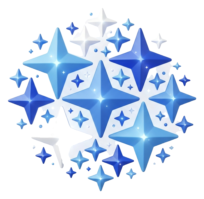 Matte 3D render, blue and white color scheme of a cluster of shining sparkle stars, transparent background PNG