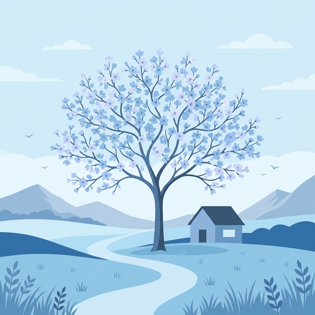 Minimal flat illustration of spring scene with blossoming trees, centered subject with a simple uncluttered composition, cool blue tones, quiet atmosphere, 1:1 aspect ratio