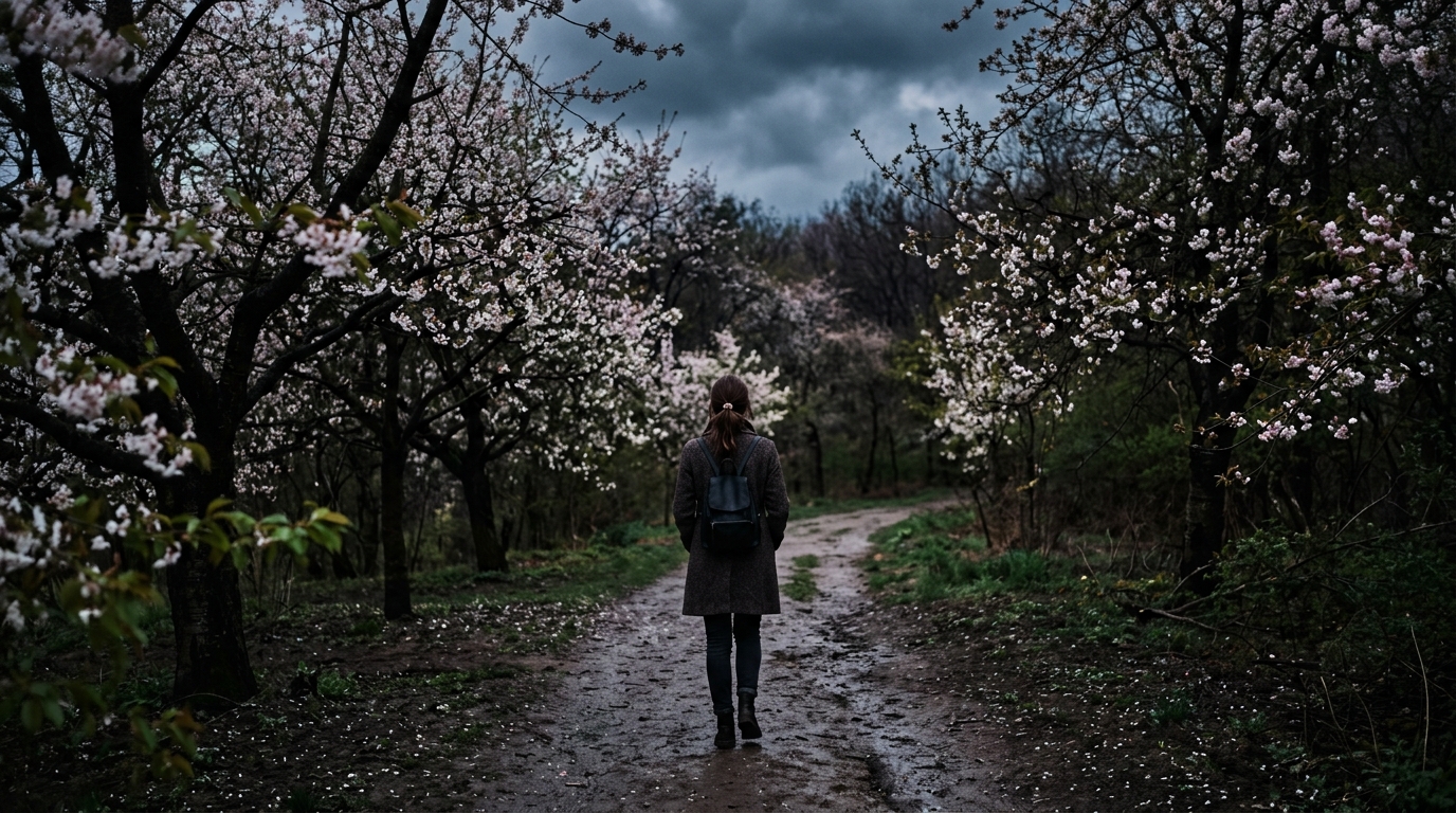 Photorealistic photo of spring scene with blossoming trees, centered subject with a simple uncluttered composition, moody dark tones, dramatic lighting, 16:9 aspect ratio