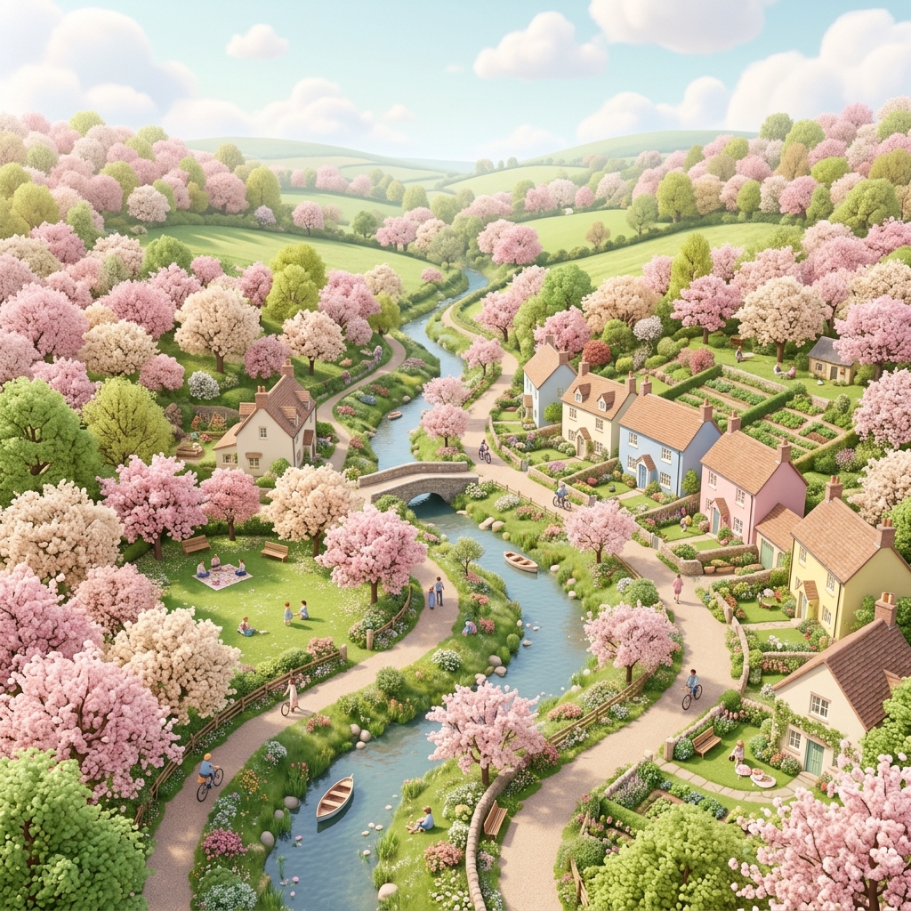 Soft 3d render of spring scene with blossoming trees, high-angle view from above, soft pastel colors, bright and cozy, 1:1 aspect ratio