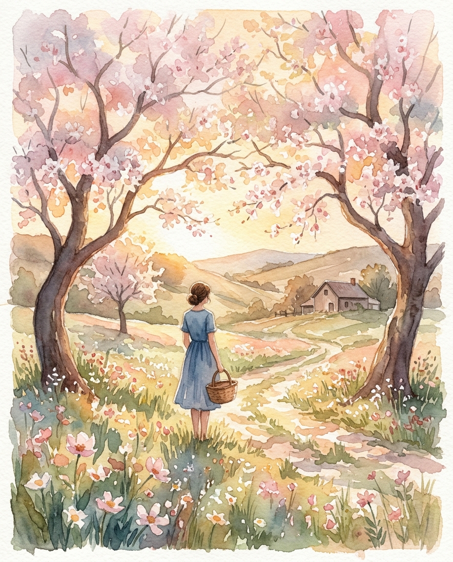꽃이 핀 나무가 있는 봄 풍경, 수채화 일러스트, 단순하고 깔끔한 구도 가운데 놓인 피사체, 따뜻한 황금빛, 차분한 분위기, 4:5 비율