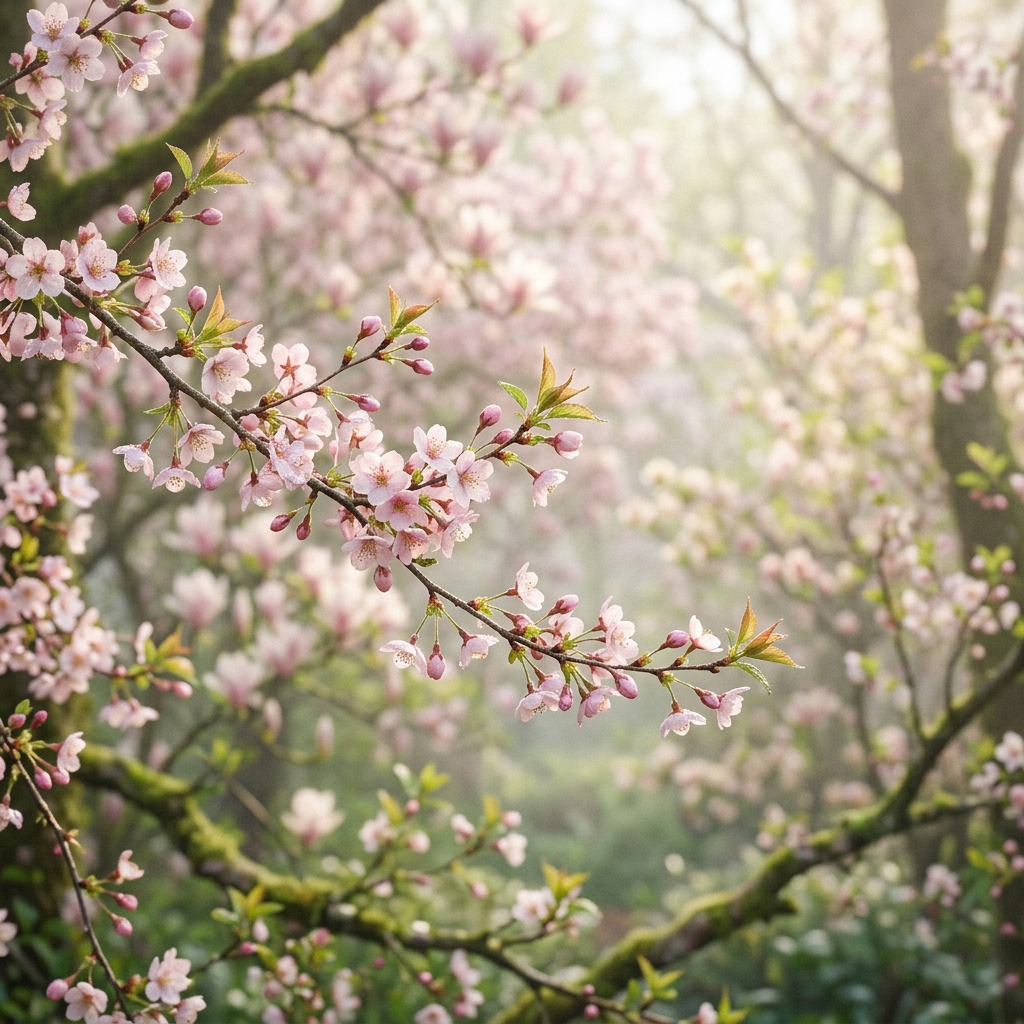 Soft 3d render of spring scene with blossoming trees, close-up detail with shallow depth of field, misty morning haze, dreamy, 1:1 aspect ratio