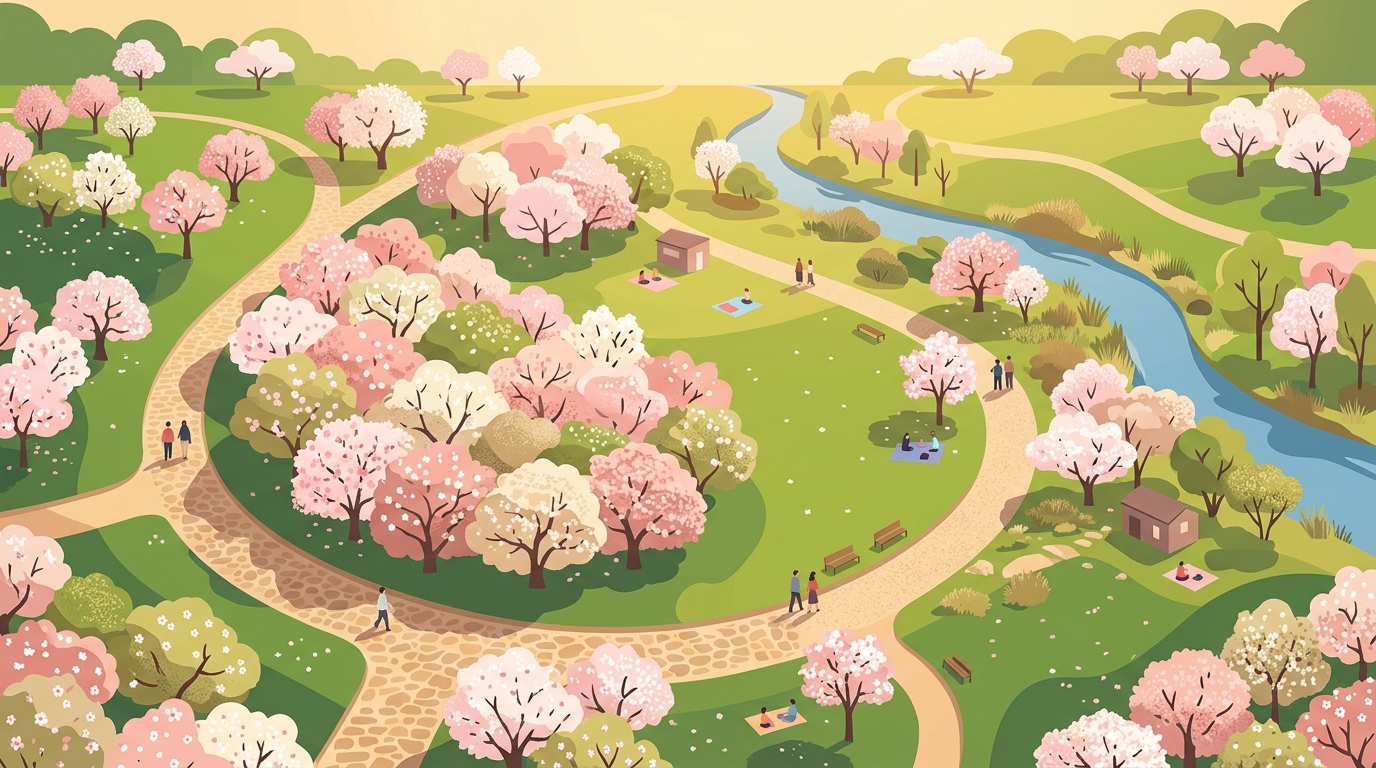 Minimal flat illustration of spring scene with blossoming trees, high-angle view from above, warm golden light, calm mood, 16:9 aspect ratio
