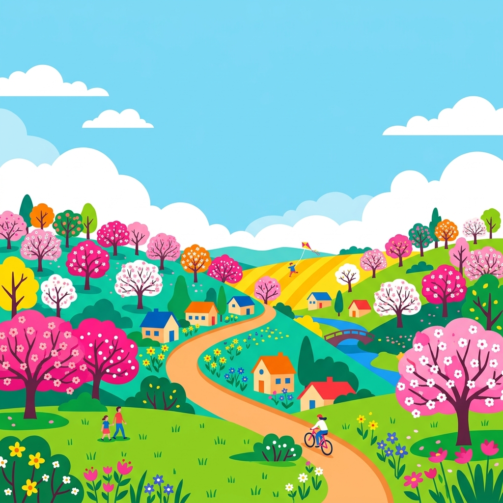 Minimal flat illustration of spring scene with blossoming trees, wide shot with open space at the top for text, vivid colors, high contrast, energetic, 1:1 aspect ratio