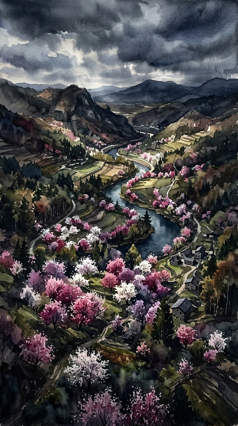 Watercolor illustration of spring scene with blossoming trees, high-angle view from above, moody dark tones, dramatic lighting, 9:16 aspect ratio