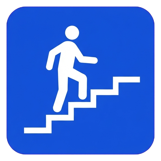 Pictogram sign, white figure on a solid blue rounded square of a stairs pictogram with a person climbing steps, transparent background PNG