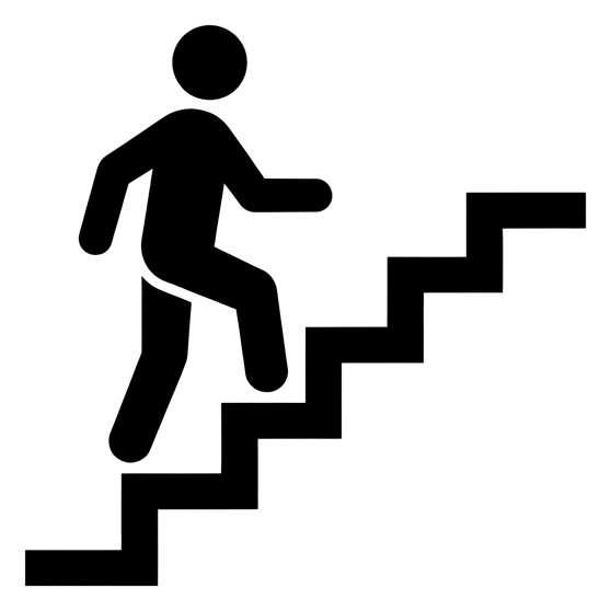Standard pictogram, solid black figure of a stairs pictogram with a person climbing steps, transparent background PNG