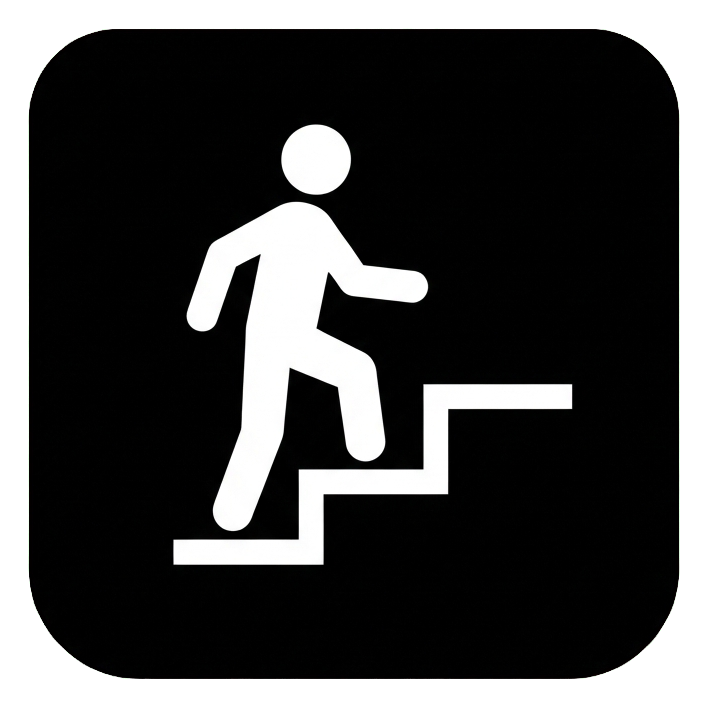 Pictogram sign, white figure on a solid black rounded square of a stairs pictogram with a person climbing steps, transparent background PNG