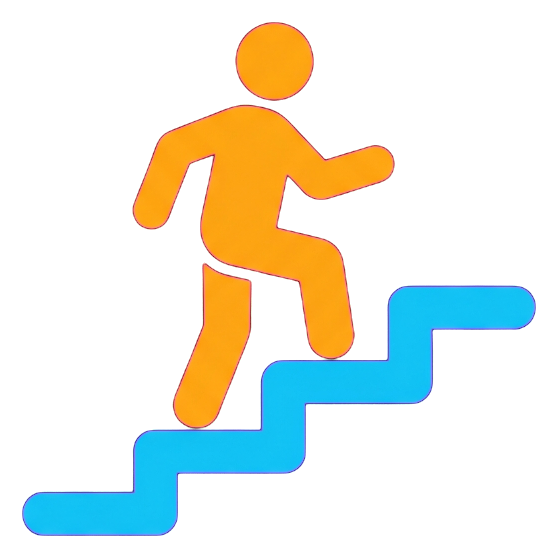 Flat color pictogram, friendly bright colors of a stairs pictogram with a person climbing steps, transparent background PNG