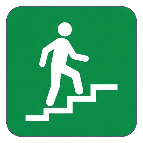 Pictogram sign, white figure on a solid green rounded square of a stairs pictogram with a person climbing steps, transparent background PNG