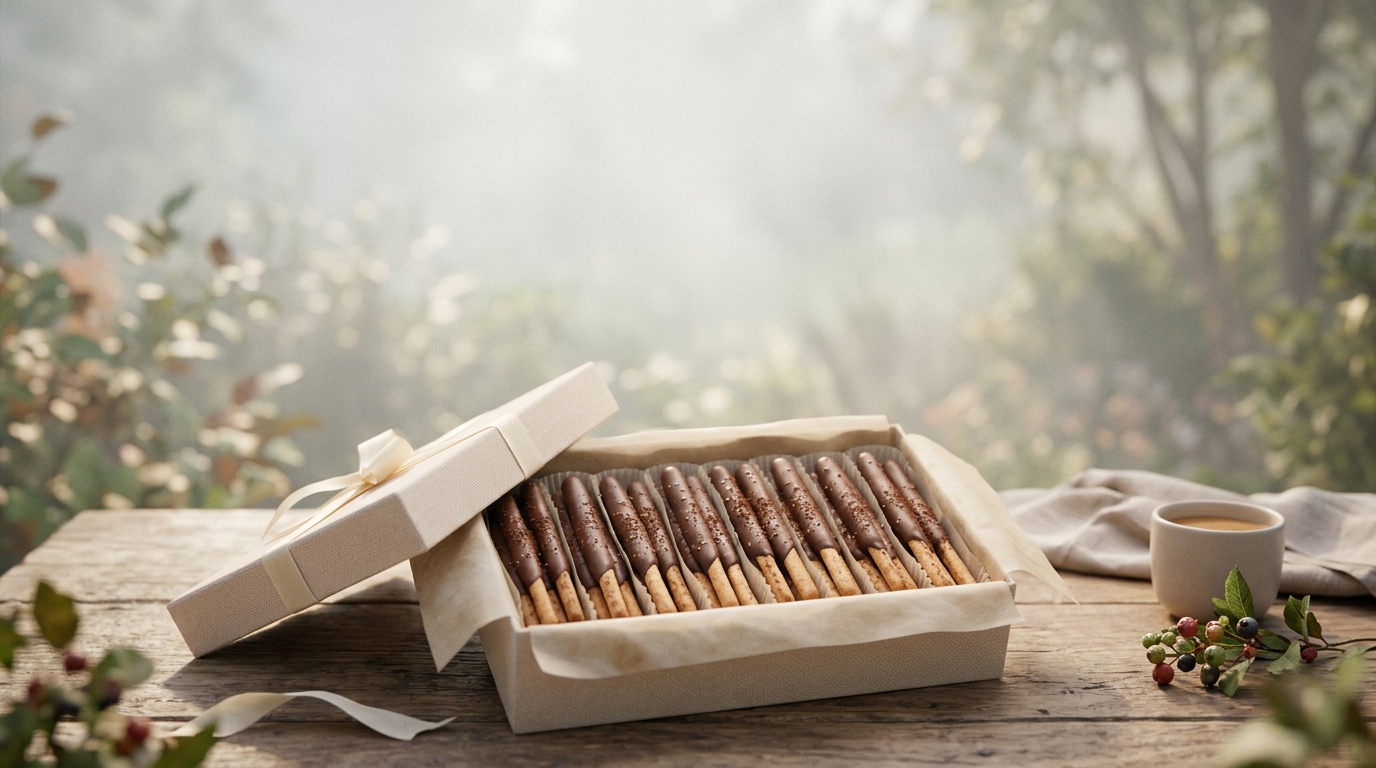 Soft 3D render of chocolate dipped stick cookies in a gift box, wide shot with open space at the top for text, misty morning haze, dreamy, 16:9 aspect ratio