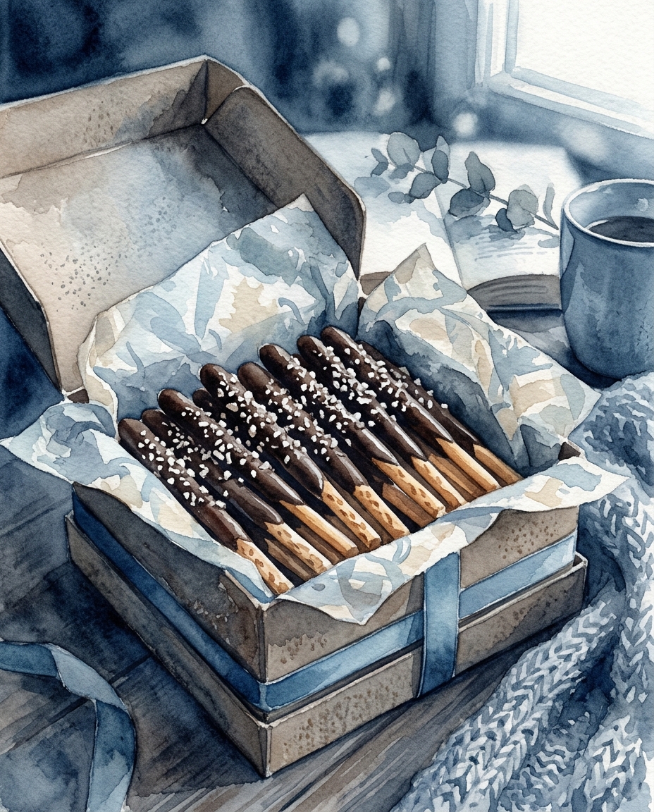 Watercolor illustration of chocolate dipped stick cookies in a gift box, close-up detail with shallow depth of field, cool blue tones, quiet atmosphere, 4:5 aspect ratio