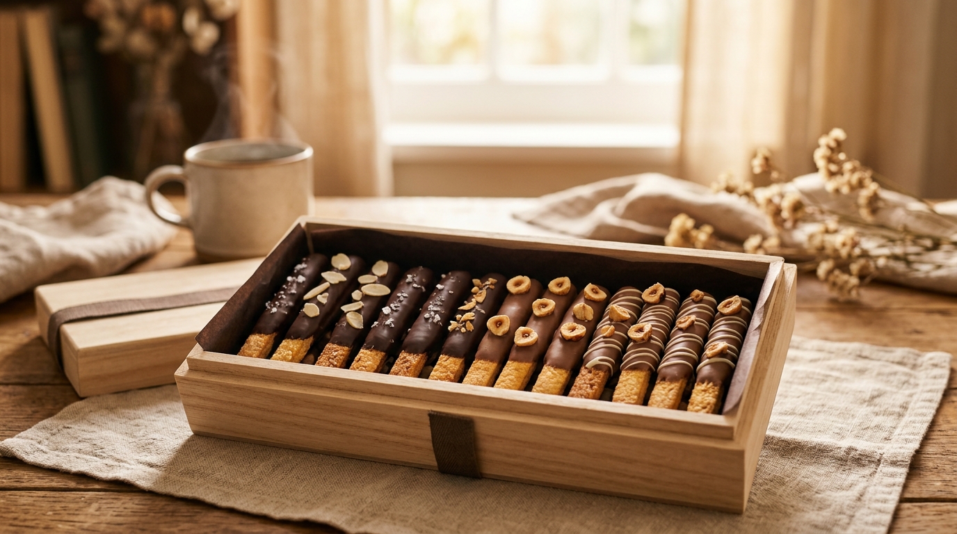 Photorealistic photo of chocolate dipped stick cookies in a gift box, wide shot with open space at the top for text, warm golden light, calm mood, 16:9 aspect ratio